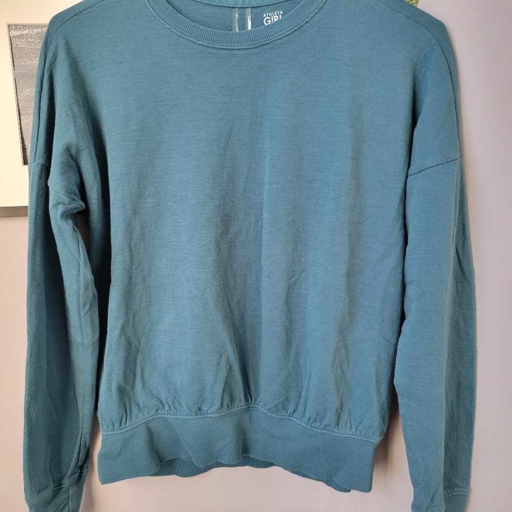 Athleta Girl Beachy Scrunch Pullover Crew Neck‎ Sweatshirt Teal Blue XL 14 - Picture 6 of 13